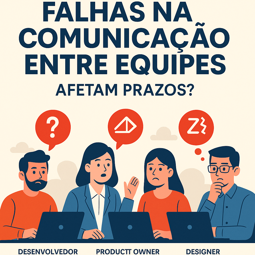 imagem representativa de uma equipe multidisciplinar com devs, POs e designers com dificuldade de se comunicar