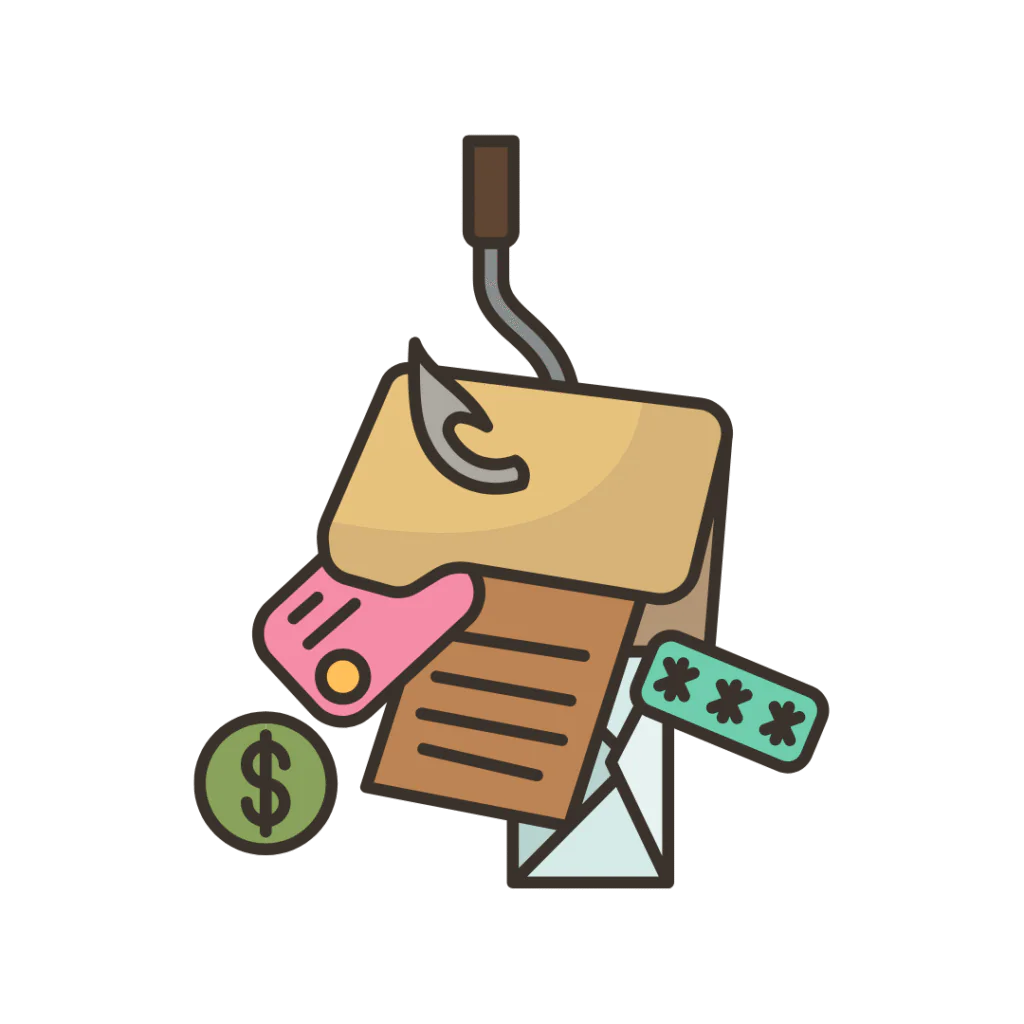 imagem mostrando phishing, pescaria e fraudes para conseguir dinheiro, senhas, arquivos e documentos importantes